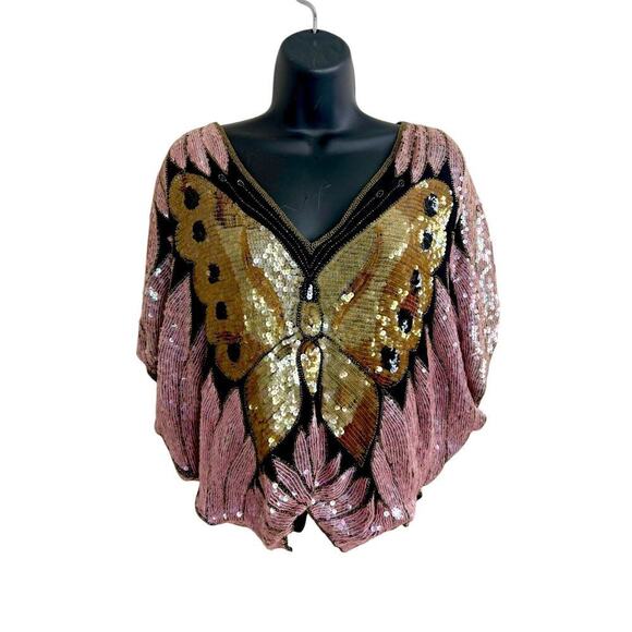 Swee Lo Top Woman’s L Pink‎ Butterfly Coachella Silk Festival Boho Retro Vintage - Picture 5 of 16
